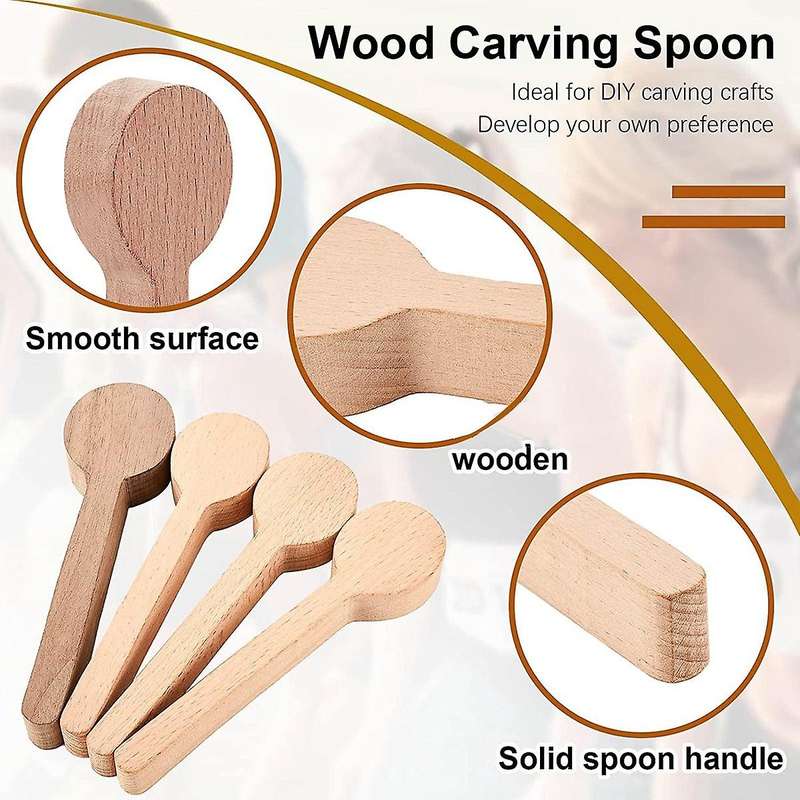 4 Pcs Wood Carving Spoon Blank Beech and Walnut Wood Unfinished Wooden Craft Whittling Kit for Whitt