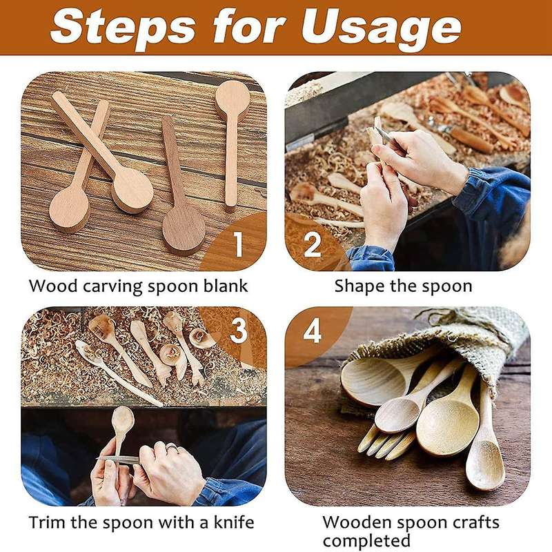 4 Pcs Wood Carving Spoon Blank Beech and Walnut Wood Unfinished Wooden Craft Whittling Kit for Whitt
