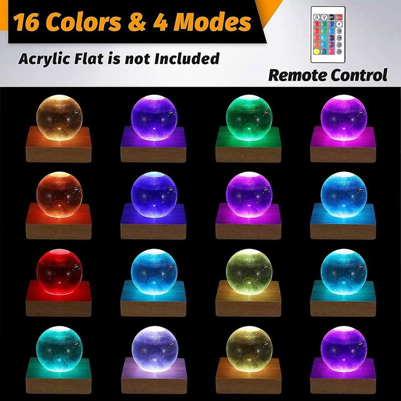 4 Pcs Wooden Led Night Light Base Display Lamp Base Stand with Remote Control for 3d Crystal Glass