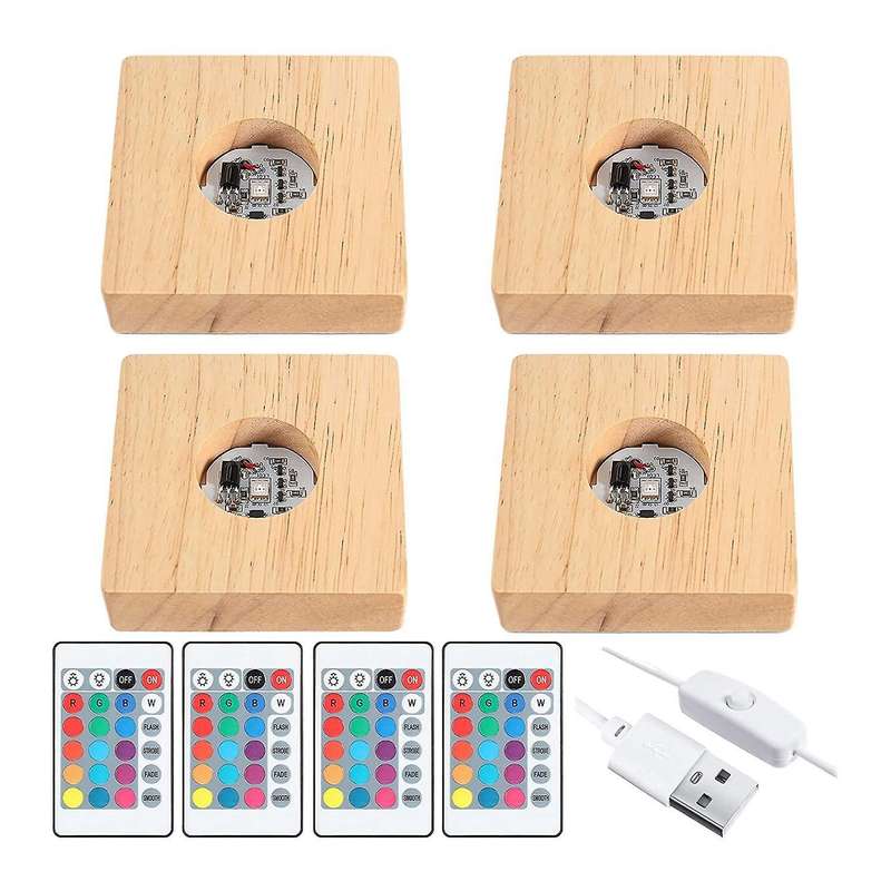 4 Pcs Wooden Led Night Light Base Display Lamp Base Stand with Remote Control for 3d Crystal Glass