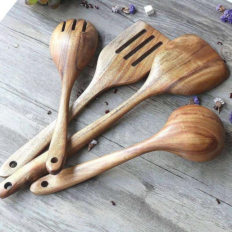 4 Pcs Wooden Utensils,Kitchen Cooking Utensil for Non Stick,Teak Wood Spoons Spatula Ladle Colander,