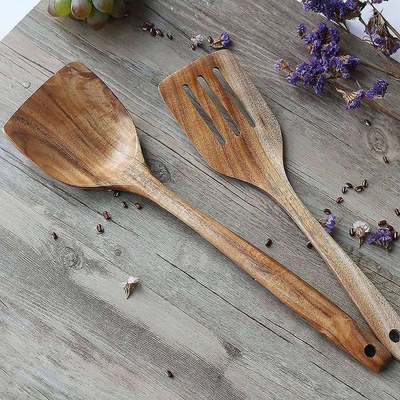 4 Pcs Wooden Utensils,Kitchen Cooking Utensil for Non Stick,Teak Wood Spoons Spatula Ladle Colander,