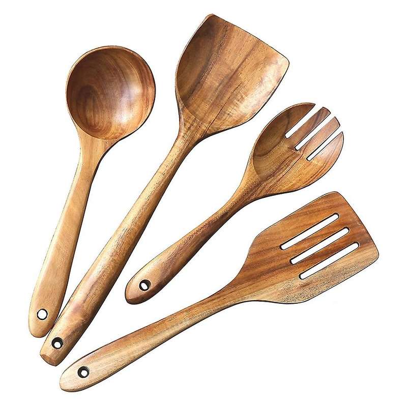 4 Pcs Wooden Utensils,Kitchen Cooking Utensil for Non Stick,Teak Wood Spoons Spatula Ladle Colander,