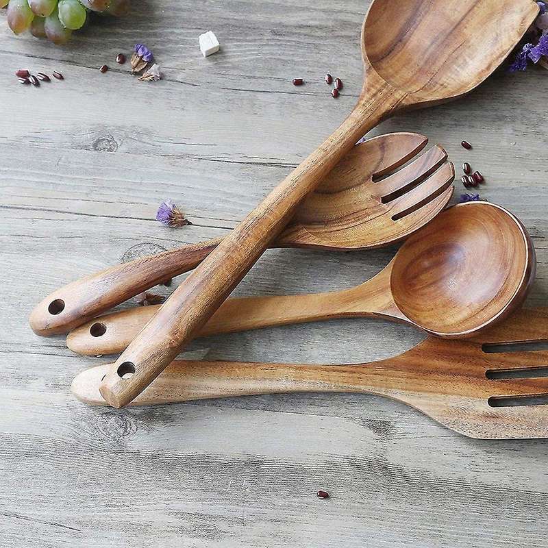 4 Pcs Wooden Utensils,Kitchen Cooking Utensil for Non Stick,Teak Wood Spoons Spatula Ladle Colander,