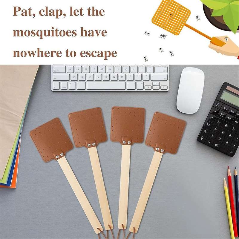 4 Pieces 17.3 Inch Fly Swatter Leather Fly Swatter Long Fly Swatter Manual Fly Swatter Wood Handle B