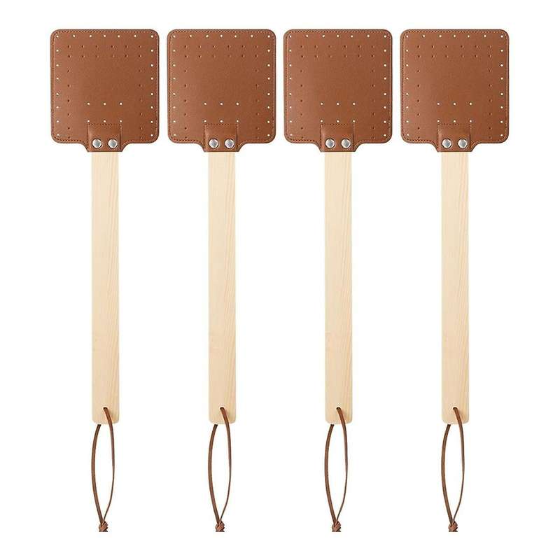 4 Pieces 17.3 Inch Fly Swatter Leather Fly Swatter Long Fly Swatter Manual Fly Swatter Wood Handle B