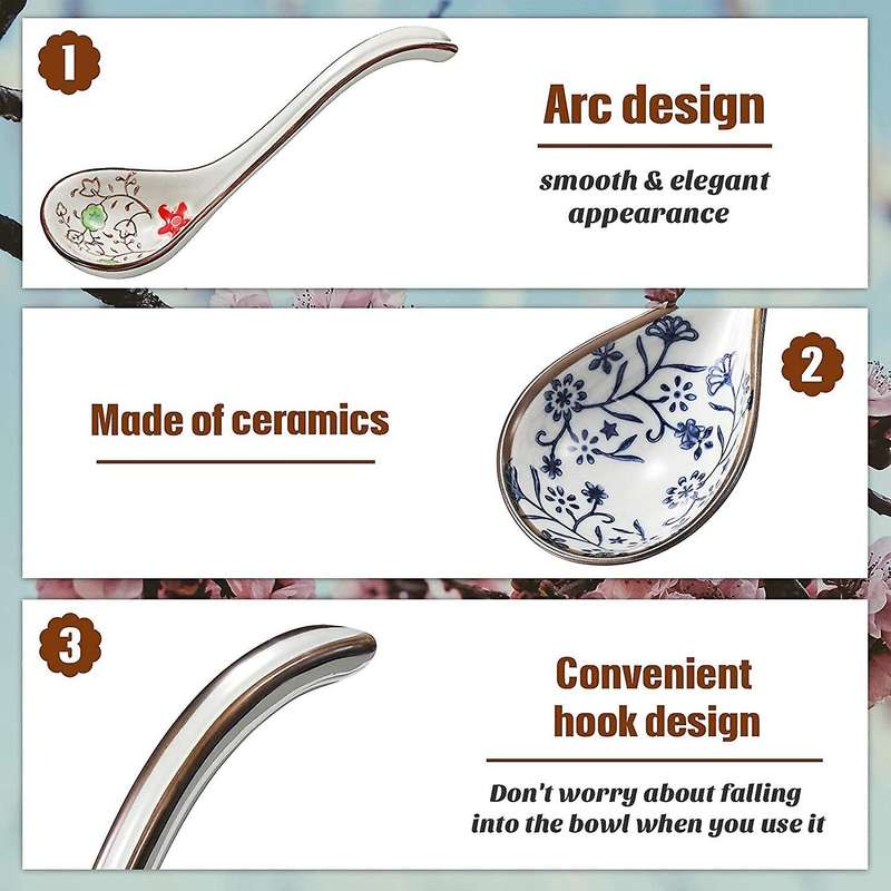 4 Pieces Asian Retro Chinese Ceramic Rice Spoons Curved Handle Ramen Soup Spoon Painted Flower Spoo