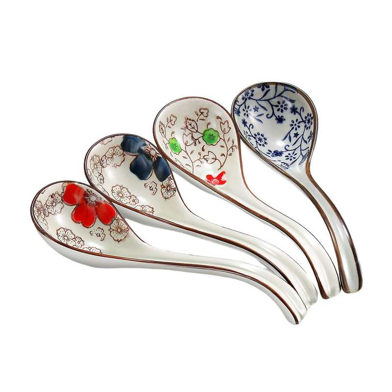 4 Pieces Asian Retro Chinese Ceramic Rice Spoons Curved Handle Ramen Soup Spoon Painted Flower Spoo