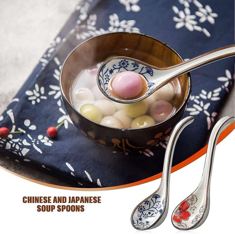 4 Pieces Asian Retro Chinese Ceramic Rice Spoons Curved Handle Ramen Soup Spoon Painted Flower Spoo