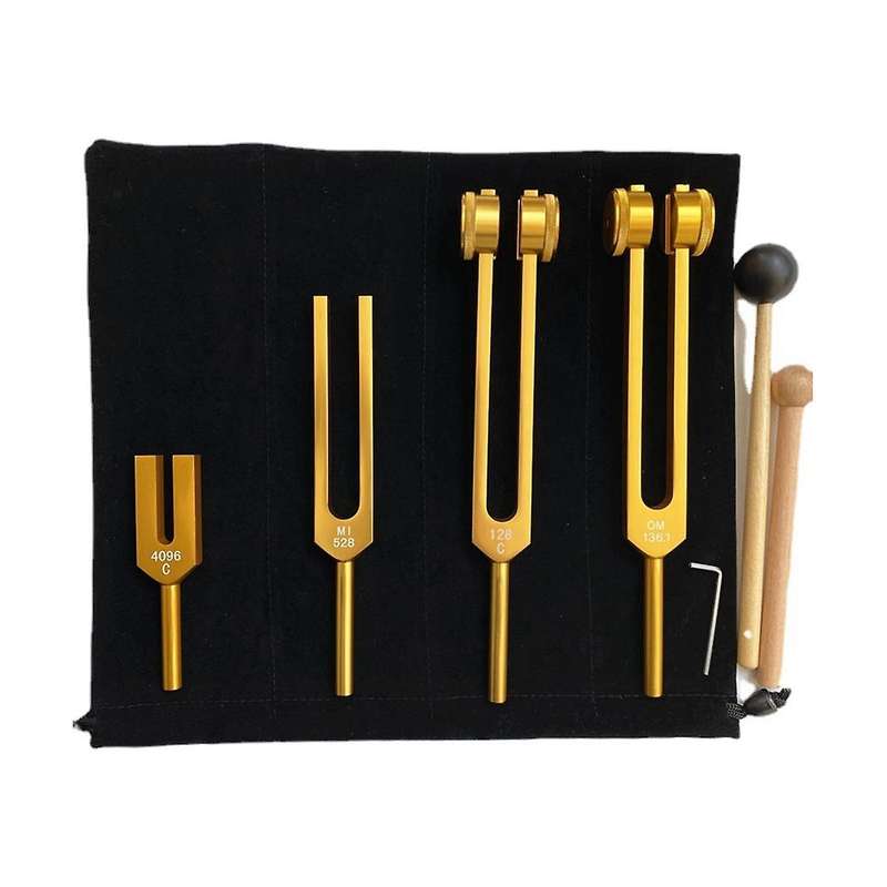 4 Piece Tuning Fork Set (4096c, Mi528, 128c, Om136.1) for Solfeggio, for Chakras, Sound Healing, Str