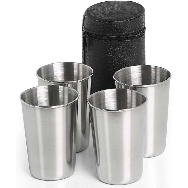 4 Pieces 170Ml (5.7 Oz) Stainless Steel Shot Cups Shot Glass Drinking with One Black PU-Leather Carr