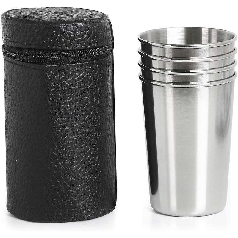 4 Pieces 170Ml (5.7 Oz) Stainless Steel Shot Cups Shot Glass Drinking with One Black PU-Leather Carr