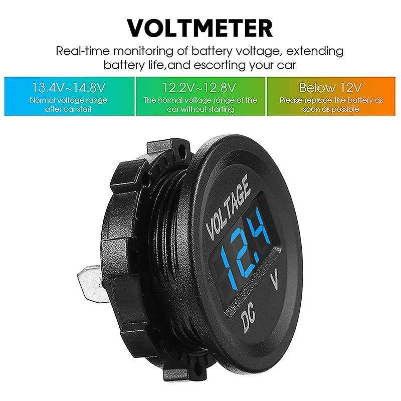 4 Pieces DC 12V Car Voltage Gauge LED Display Waterproof Voltmeter Digital Round Panel Voltmeter Com