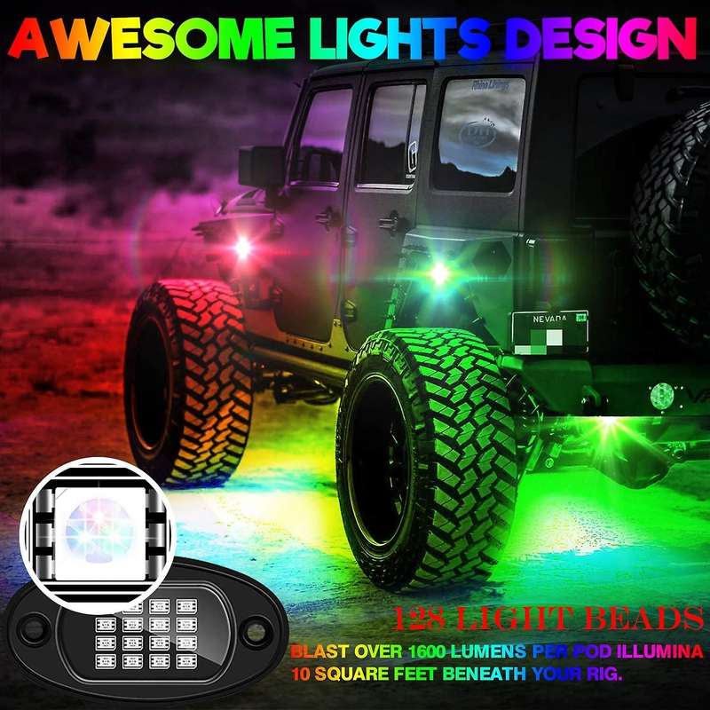 4 Pods RGB LED Rock Lights Kit Underglow Multicolor Neon Light Pod with Bluetooth App Control for Tr