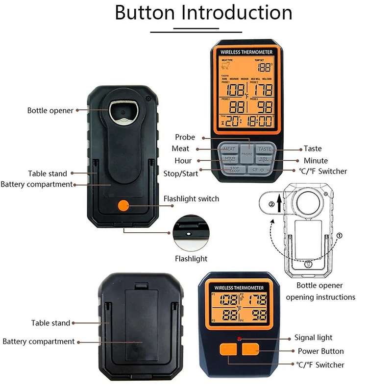 4 Probes Backlight LCD Display 100M Wireless Range Digital Kitchen Cooking BBQ Oven Meat Thermometer
