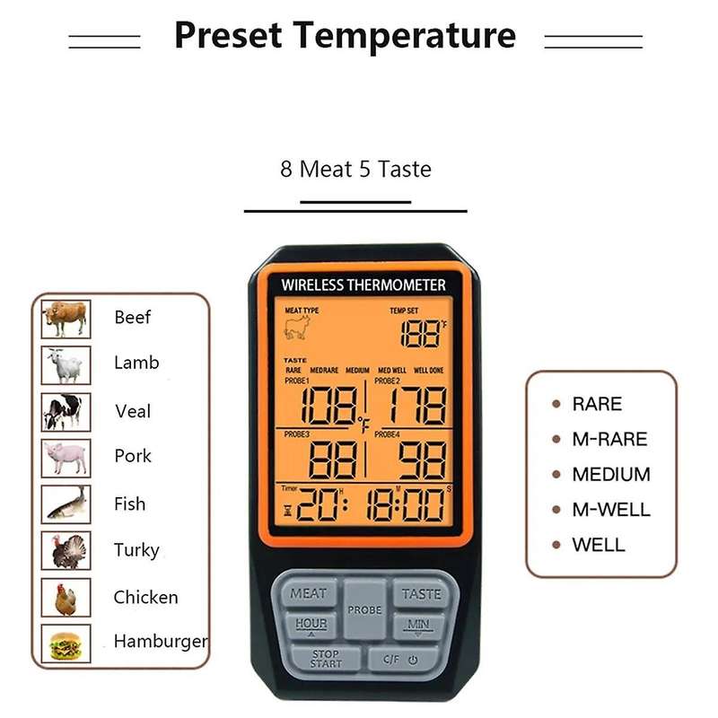 4 Probes Backlight LCD Display 100M Wireless Range Digital Kitchen Cooking BBQ Oven Meat Thermometer