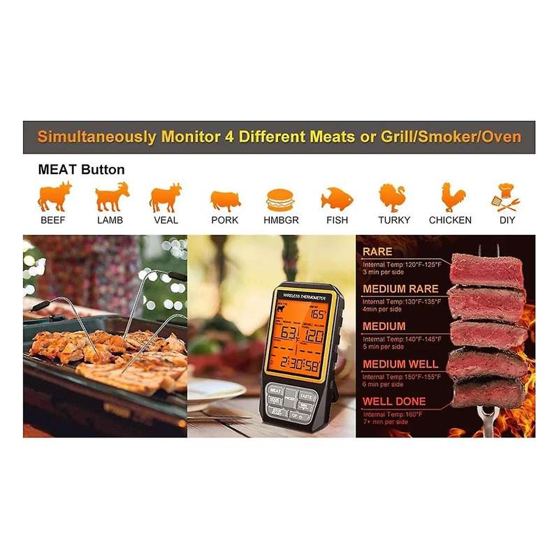 4 Probes Backlight LCD Display 100M Wireless Range Digital Kitchen Cooking BBQ Oven Meat Thermometer