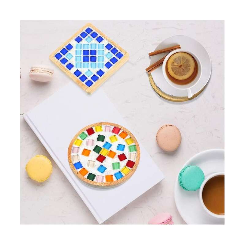4 Sets Diy Glass Mosaic Coaster Tiles for Crafts Mixed Color Mosaic Kits with Wooden Coaster for Adu