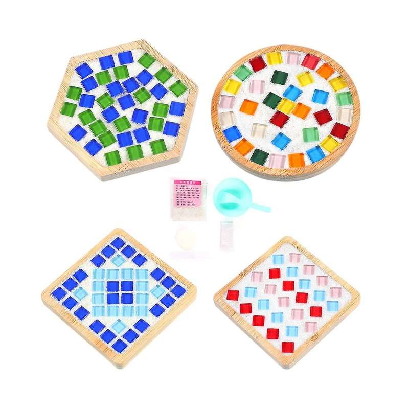 4 Sets Diy Glass Mosaic Coaster Tiles for Crafts Mixed Color Mosaic Kits with Wooden Coaster for Adu