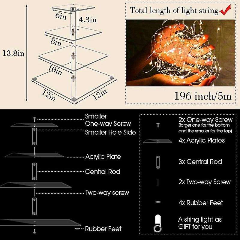 4 Tier Cupcake Stand Acrylic Cupcake Display Stand Dessert Serving Towers with LED Light for Wedding