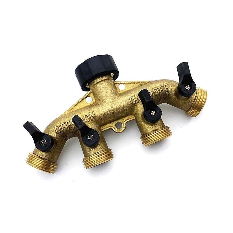 4 Way Brass Hose Splitter, 3/4inch Brass Hose Faucet Manifold, Garden Hose Connector Tap Splitter