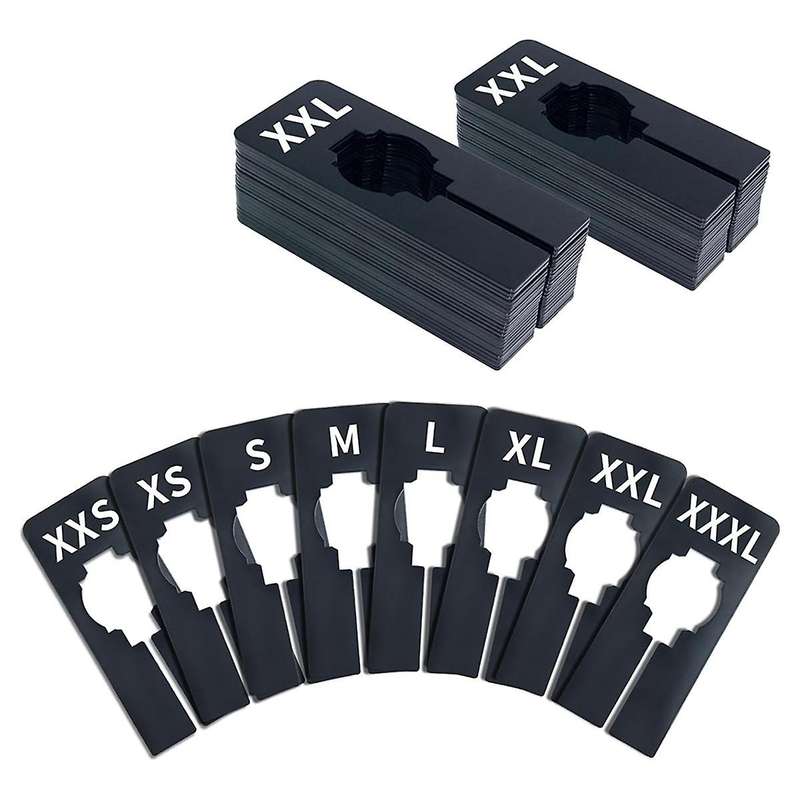 40 Pack Rectangular Black Plastic Clothing Size Closet Rack Dividers Hangers, Preprinted in 8 Sizes,