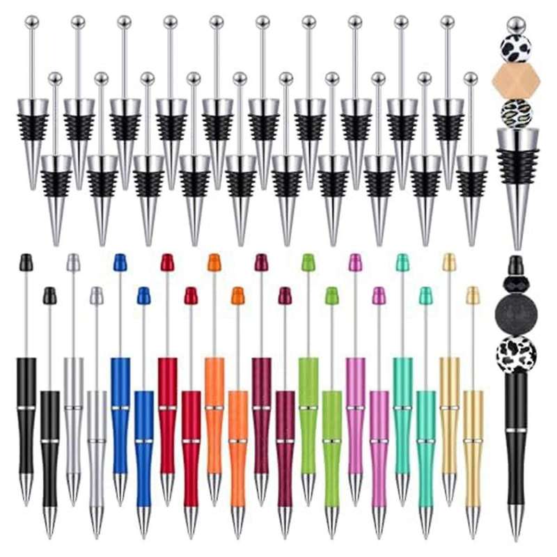 40 Pcs Beadable Wine Stoppers for Wine Bottles and Plastic Beadable Pens Kit Beaded Wine Bottle Stop