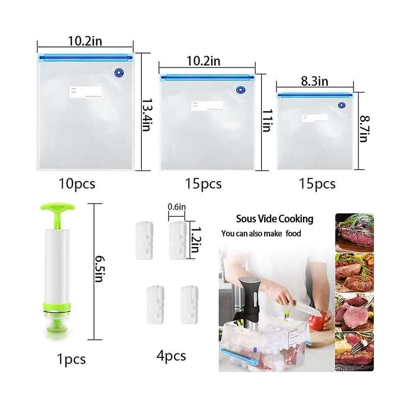 40 Pack Reusable Vacuum Food Storage Bags, with 3 Sizes Vacuum Food Bags,1 Hand Pump, 4 Sealing Cli