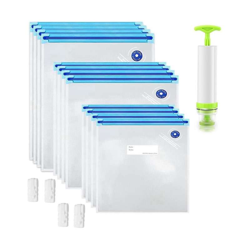 40 Pack Reusable Vacuum Food Storage Bags, with 3 Sizes Vacuum Food Bags,1 Hand Pump, 4 Sealing Cli