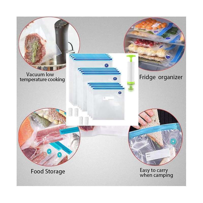 40 Pack Reusable Vacuum Food Storage Bags, with 3 Sizes Vacuum Food Bags,1 Hand Pump, 4 Sealing Cli