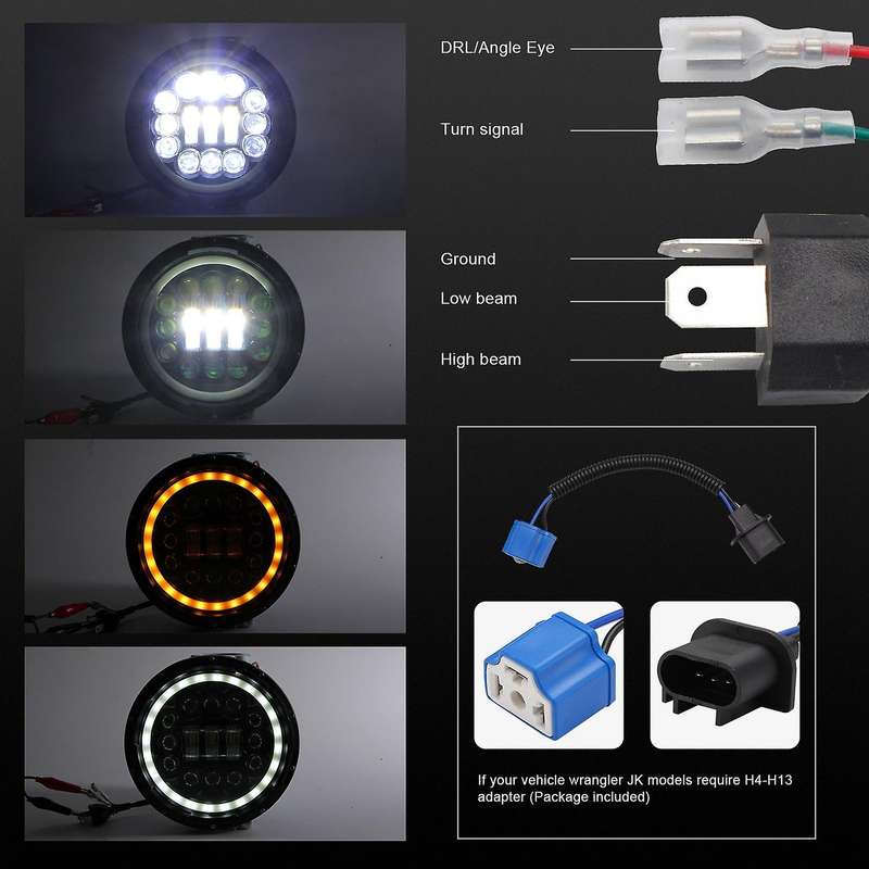 400W 40000LM 7Inch LED Headlight Hi/Lo Beam DRL for Wrangler JK TJ LJ 1997-2019 H4 with H13 Connecti