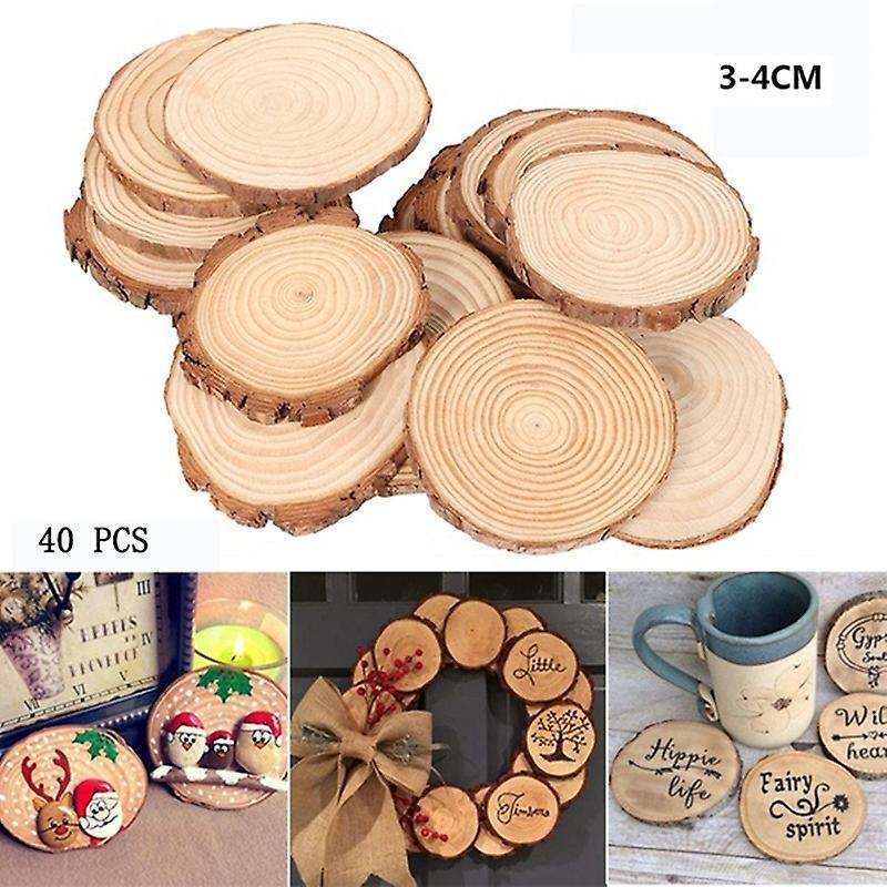 40pcs 3-4cm Unfinished Natural Round Wood Slices Circles with Tree Log Discs for Home Party Decorat