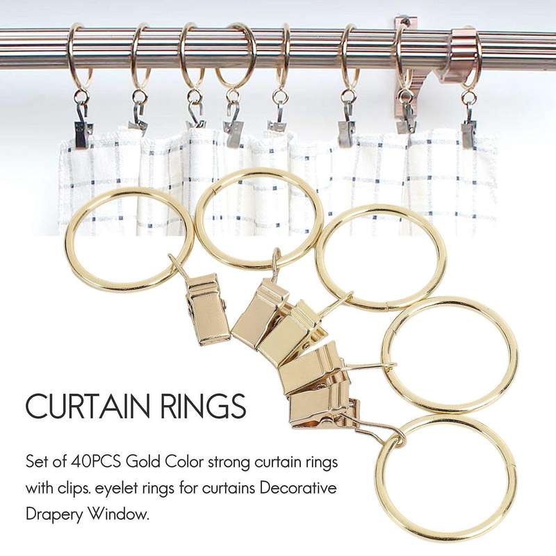 40PCS Curtain Rings with Clips, Strong Drapery Clips Hooks on Tension Rod Bracket, 1.26 Inch Interio