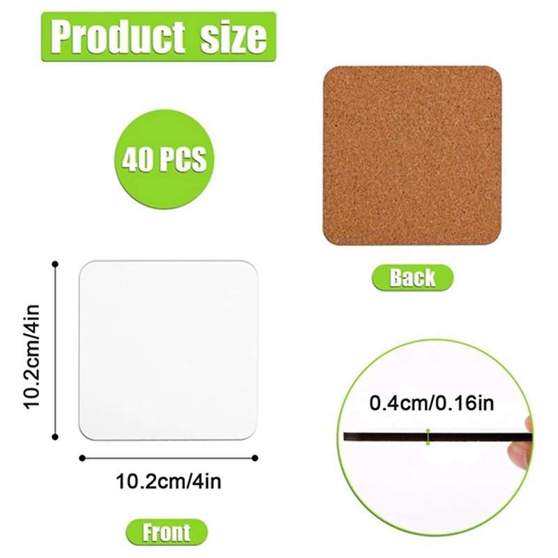 40Pcs Sublimation Square Coasters, Cardboard Coasters, 4x4in MDF Hardboard Coaster MDF Wooden Coaste
