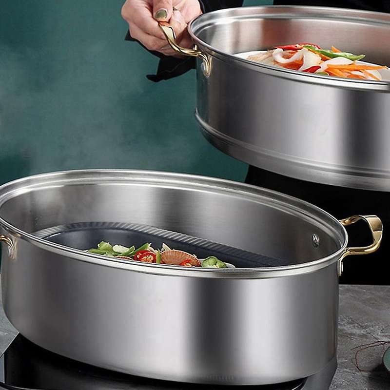 410 Stainless Steel Steamer Household Oval Fish Steamer with Steaming Grid Pot Soup Pot Pasta Pot
