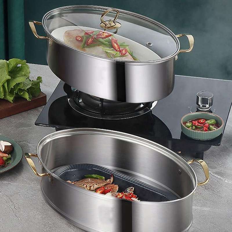 410 Stainless Steel Steamer Household Oval Fish Steamer with Steaming Grid Pot Soup Pot Pasta Pot