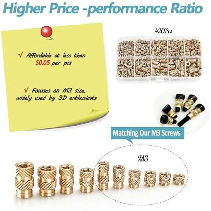 420Pcs M3//M5 Threaded Inserts Assortment Kit for Components,Brass Knurled Nuts,Insert By Heat Into