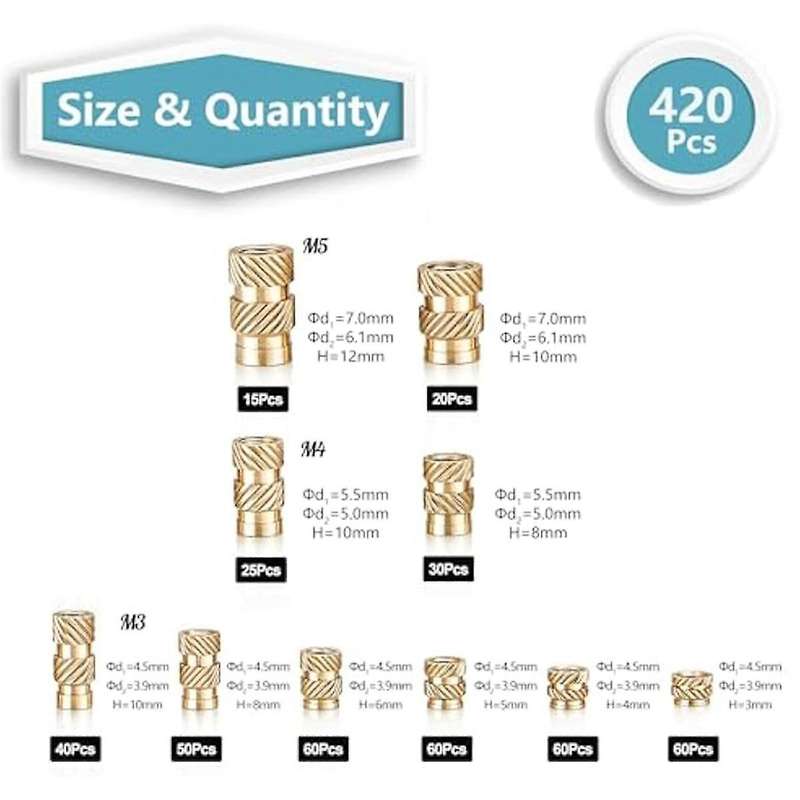 420Pcs M3//M5 Threaded Inserts Assortment Kit for Components,Brass Knurled Nuts,Insert By Heat Into