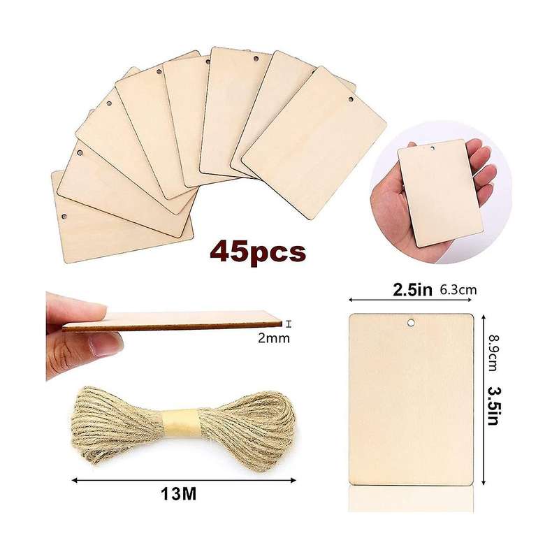45pcs Blank Wooden Tags, 3.5 X 2.5inch for Crafts with Holes and 42.65 Ft Twine, for Christmas Gift