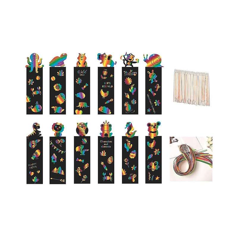48pcs Kids Rainbow Bookmarks Party Bag Fillers Animal Craft Diy Scratch Paper Art Tags