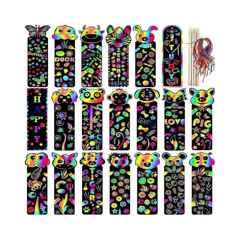 48pcs Kids Rainbow Bookmarks Party Bag Fillers Animal Craft Diy Scratch Paper Art Tags