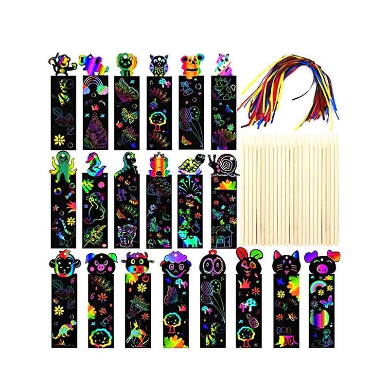 48pcs Kids Rainbow Bookmarks Party Bag Fillers Animal Craft Diy Scratch Paper Art Tags