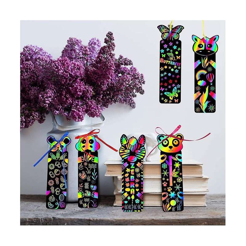48pcs Kids Rainbow Bookmarks Party Bag Fillers Animal Craft Diy Scratch Paper Art Tags
