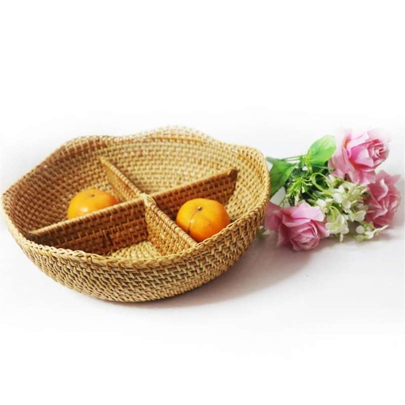 4-Compartment Divided Serving Dishes Rattan Bowl,Round Decorative Fruit Tray for Snacks,Nuts,Candie