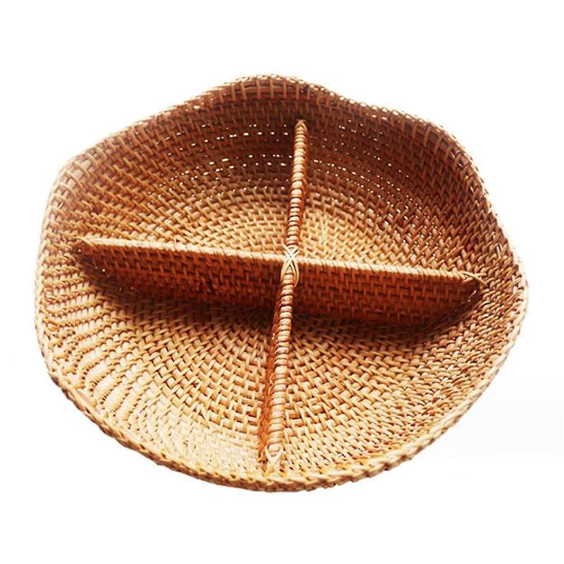 4-compartment Divided Serving Dishes Rattan Bowl,round Decorative Fruit Tray for Snacks,nuts,candies