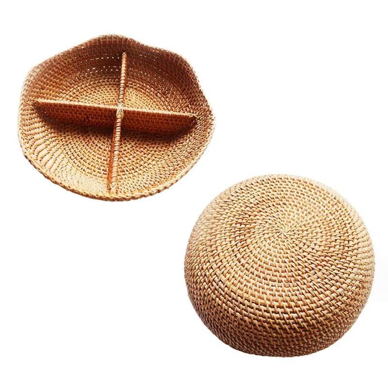 4-compartment Divided Serving Dishes Rattan Bowl,round Decorative Fruit Tray for Snacks,nuts,candies