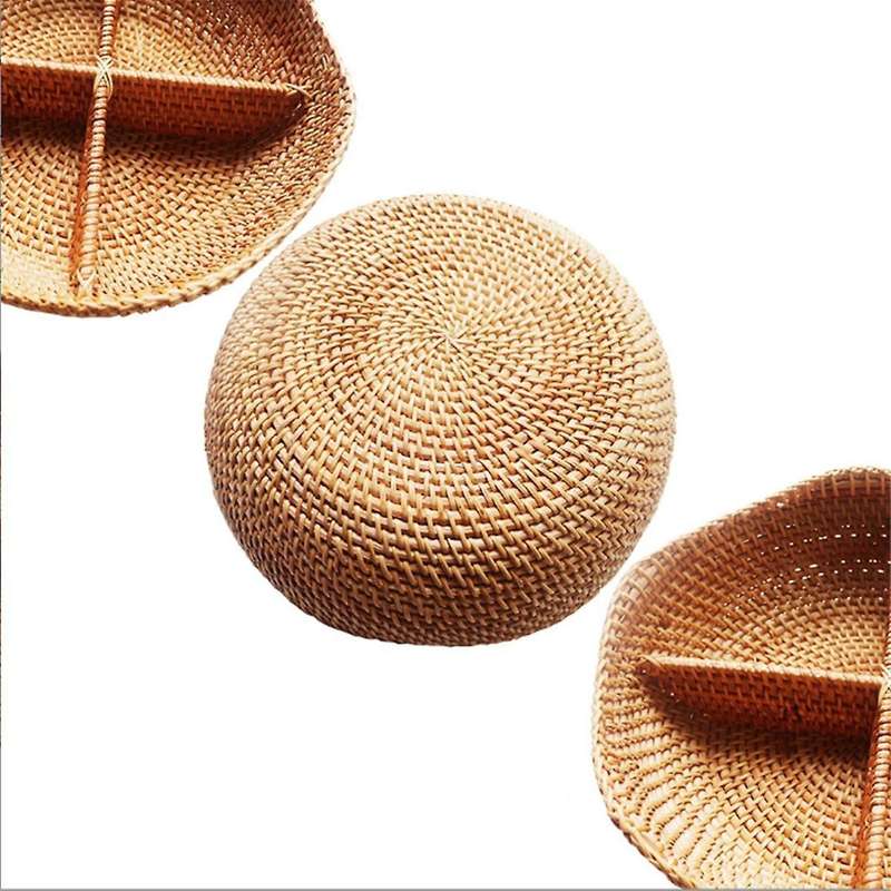 4-compartment Divided Serving Dishes Rattan Bowl,round Decorative Fruit Tray for Snacks,nuts,candies