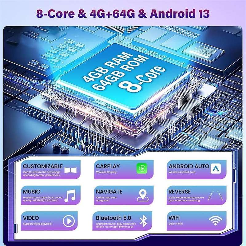4G+64G Android 13 Car Stereo for 2005-2013, 9inch HD Touch Screen with Wireless CarPlay, AHD Backup