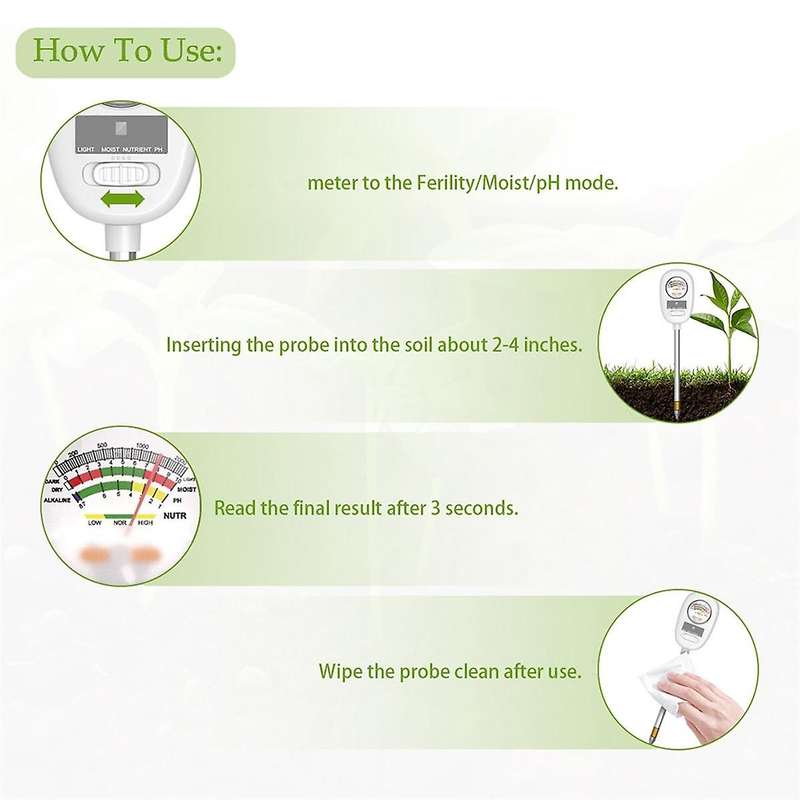 4-In-1 Soil PH Meter Light and Moisture Nutrient Tester Indoor Potting Soil Acidity Meter Plant Gard