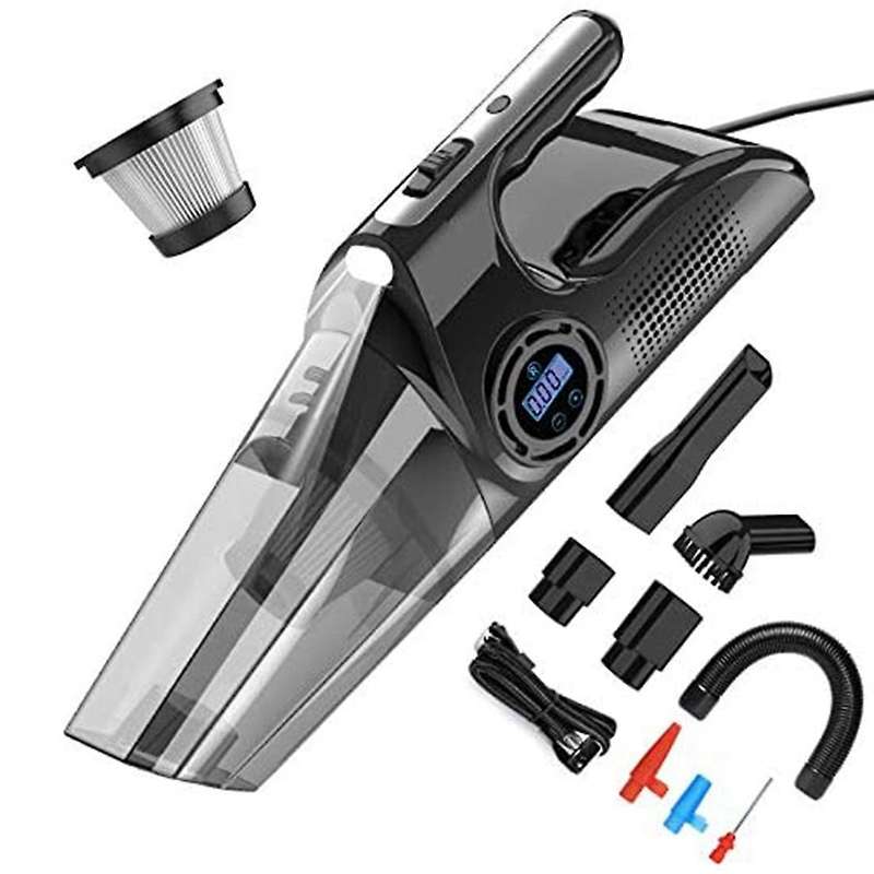 4-In-1 Car Handheld Vacuum Cleaner with Digital Tire Inflator Pump Pressure Gauge LED Light Car Vacu